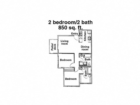 Floor plan for 2 beds, 2 baths, 850 sqft